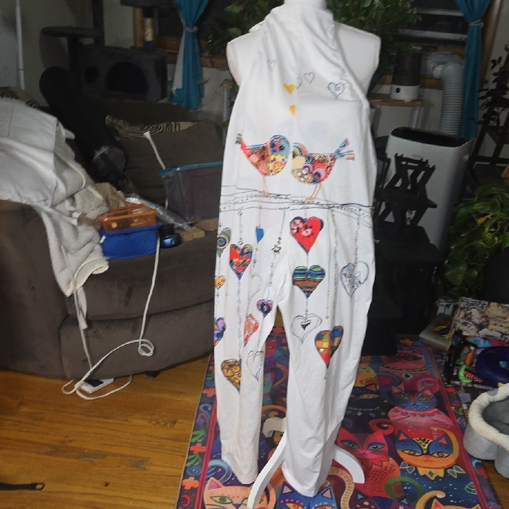 NWOT Colorful Heart and Bird Print Overalls